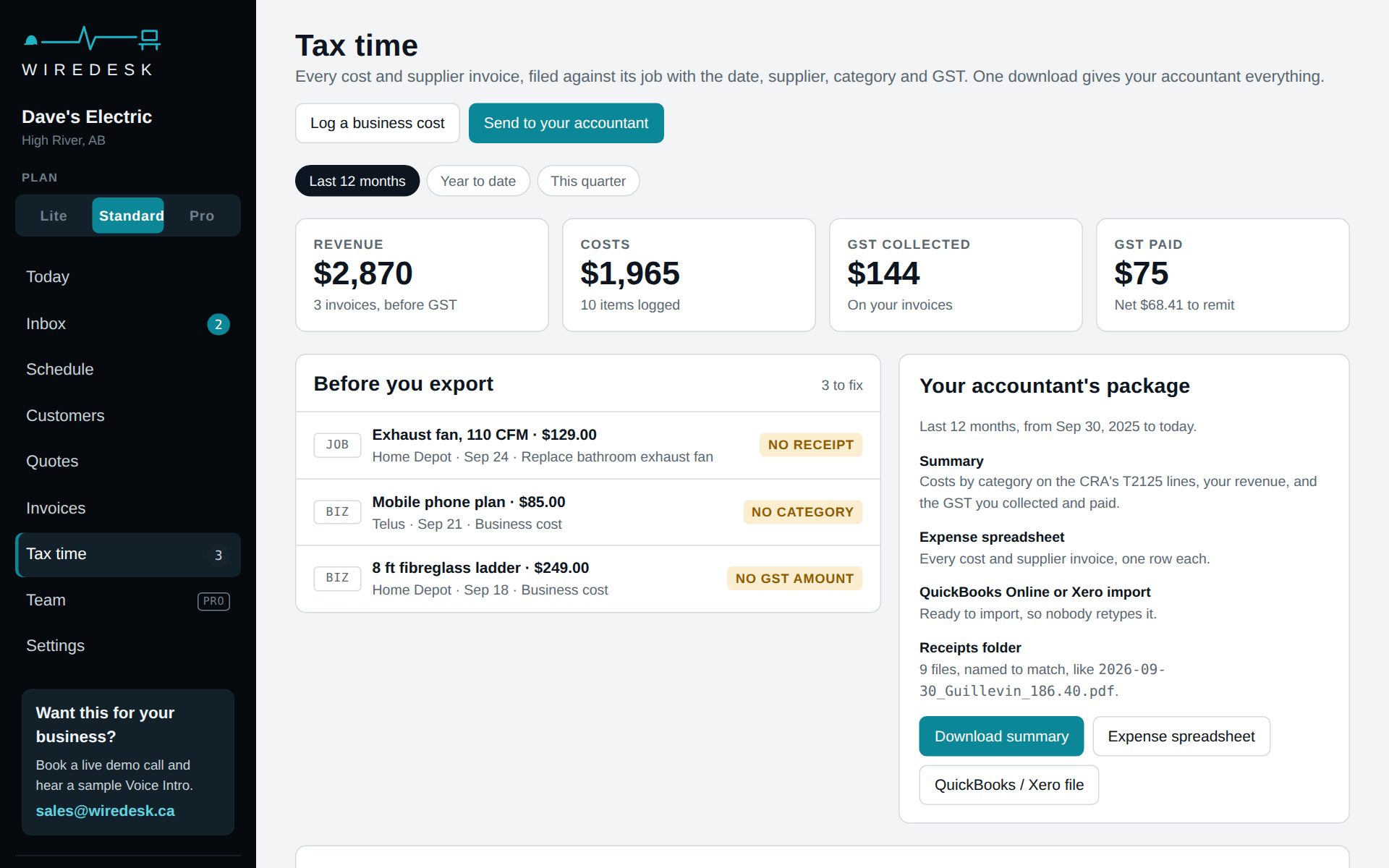 The WireDesk Tax time screen: revenue, costs, GST collected and paid, items to fix before export, and the accountant's package